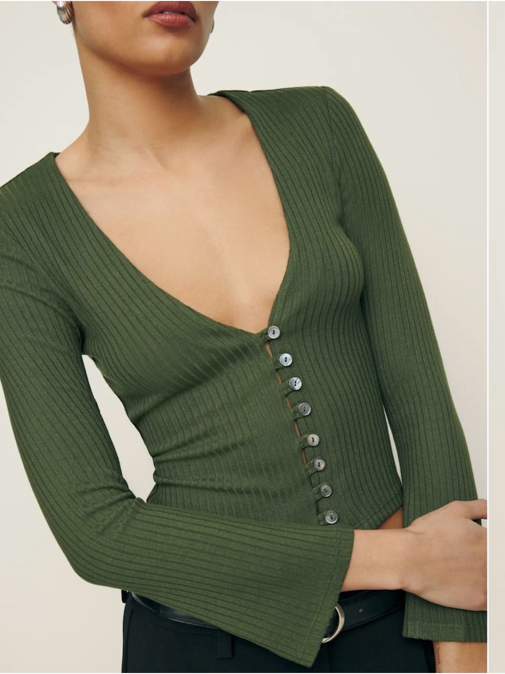 Reformation Gellar Button-Front Long Sleeve Top in Green